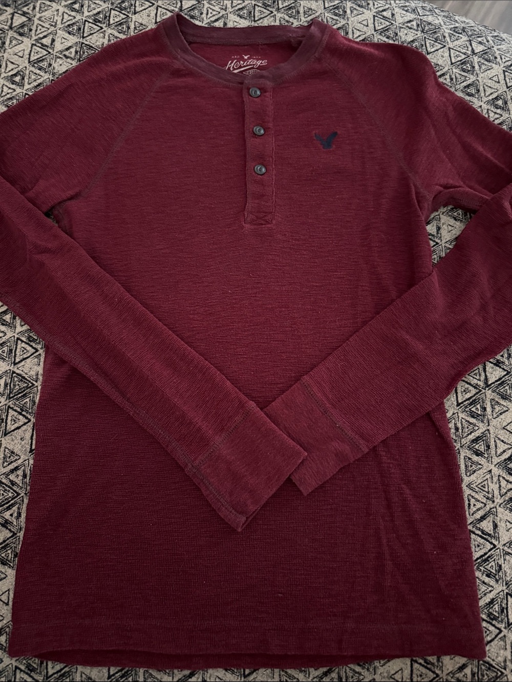 American Eagle Heritage Men's Maroon Henley Long Sleeve Shirt